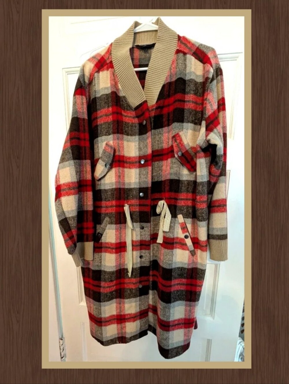 Plaid Long Cardigan Coat With Buttons And Tie Waist, Red, Brown & Cream,Size 1X